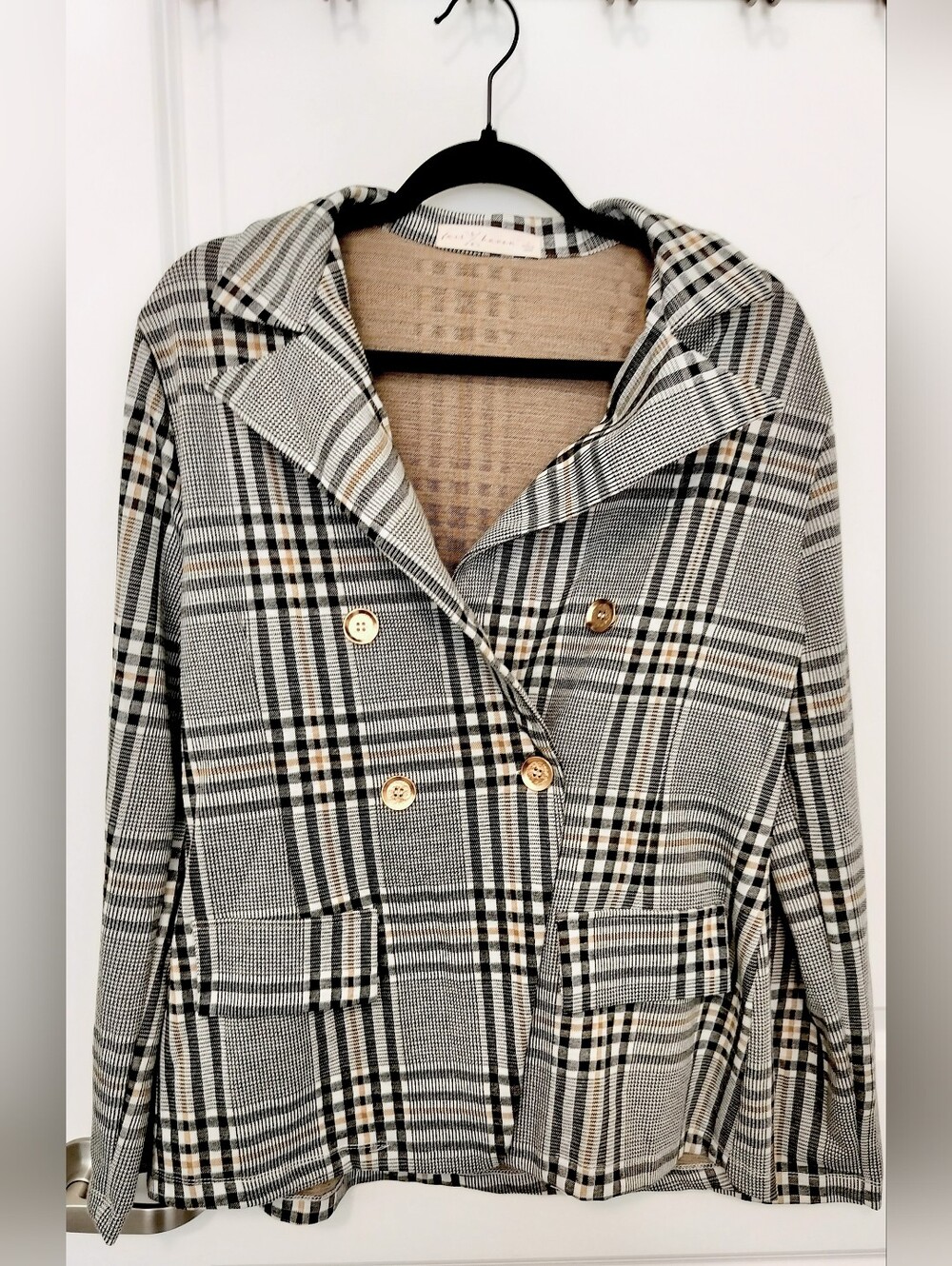 Fair Haven Women's  XL Plaid Double-Breasted Blazer in Black, Gray & Cream